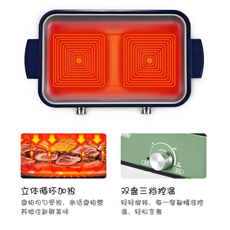 LONGEM 五合一料理电锅 蒸煮烧烤一体锅 双盘可调温【绿色】