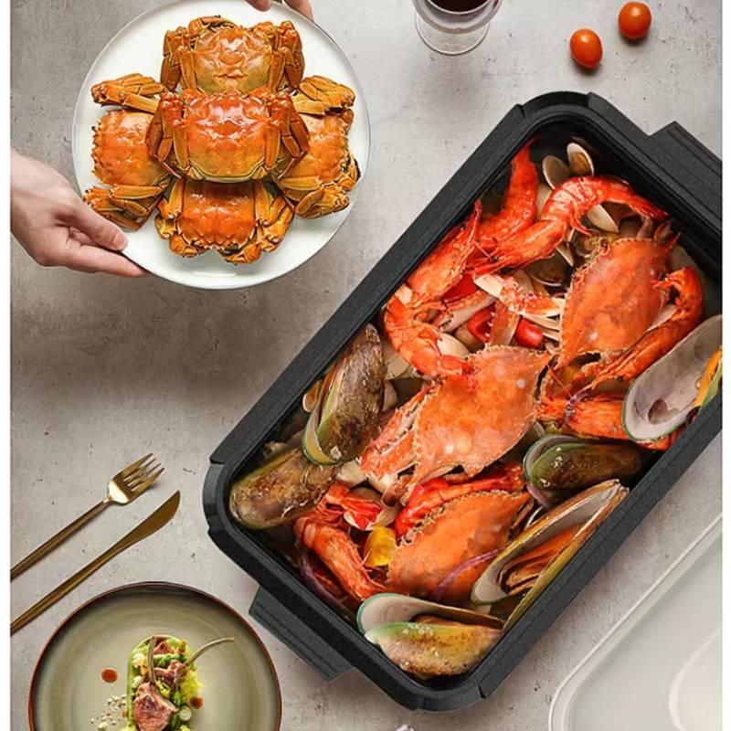 LONGEM 五合一料理电锅 蒸煮烧烤一体锅 双盘可调温【绿色】