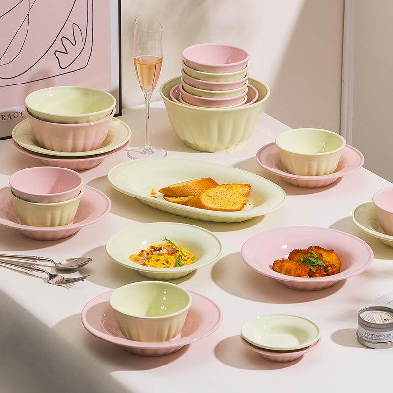法式奶油风釉下彩防烫陶瓷餐具【粉色16件】
